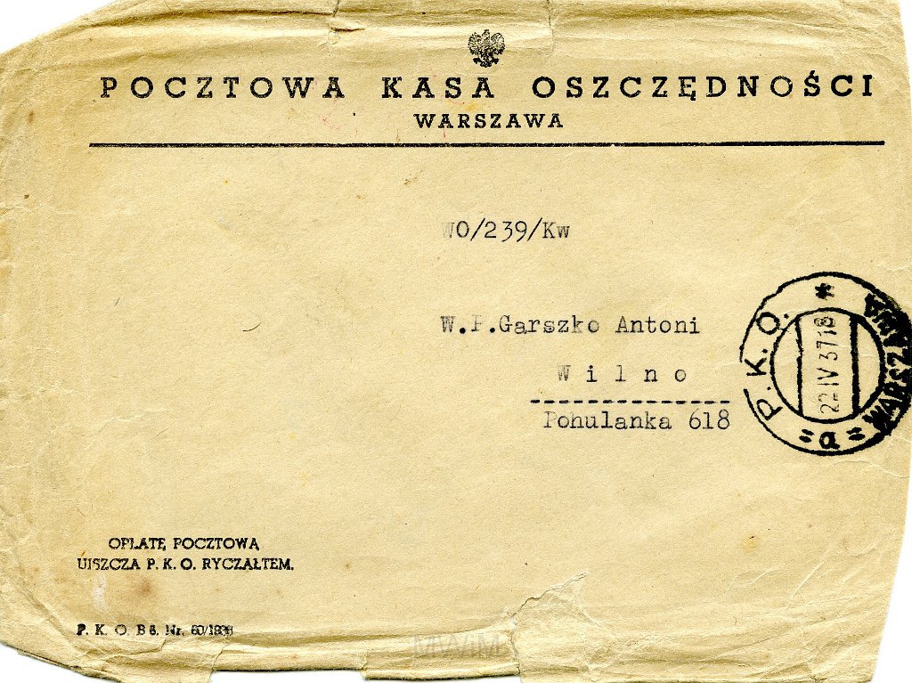 KKE 5881-1.jpg - Dok. Pismo wystawione przez Pocztową Kasę Oszczędności w Warszawie dla Antoniego Graszko dotyczące wypłaty z książeczki premiowej, Warszawa, 22 IV 1937 r.